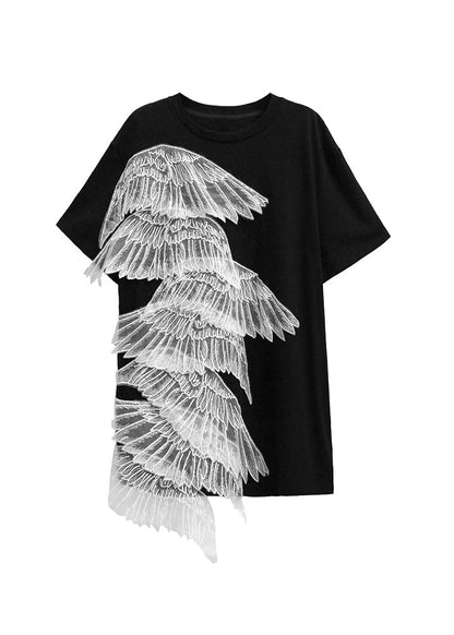 2025 Summer New Black Embroidered Wings T-Shirt Dress