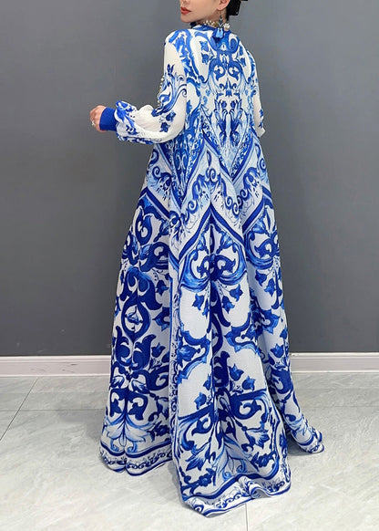 2025 Summer New Blue And White Porcelain Print Chiffon Pleated Long Dress