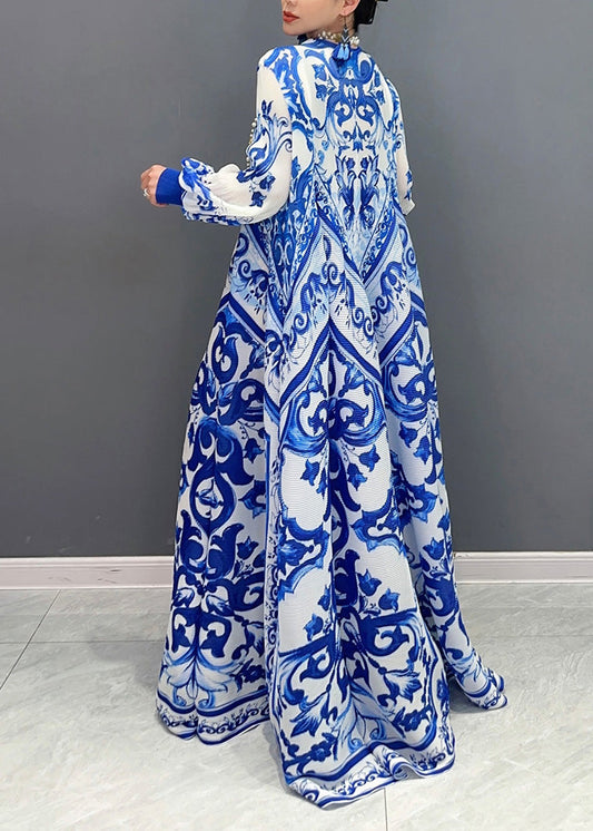 2025 Summer New Blue And White Porcelain Print Chiffon Pleated Long Dress
