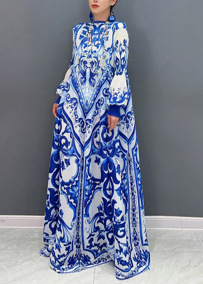 2025 Summer New Blue And White Porcelain Print Chiffon Pleated Long Dress
