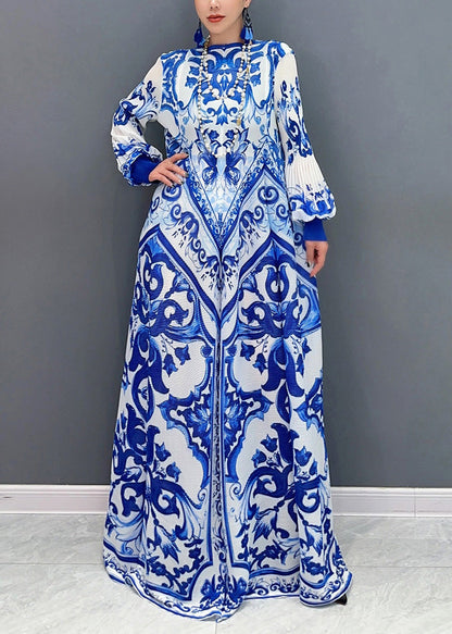 2025 Summer New Blue And White Porcelain Print Chiffon Pleated Long Dress
