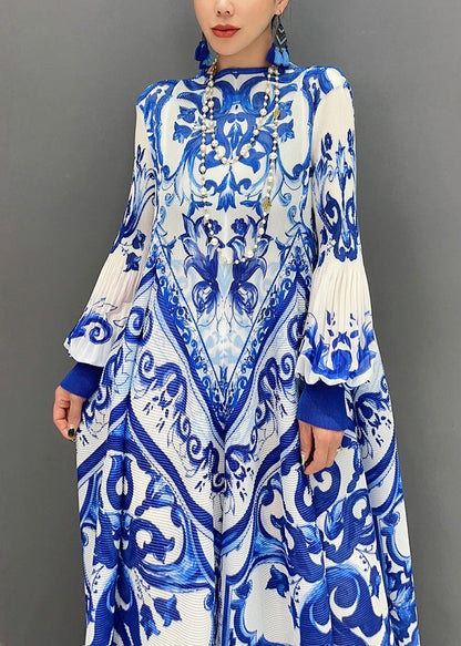 2025 Summer New Blue And White Porcelain Print Chiffon Pleated Long Dress