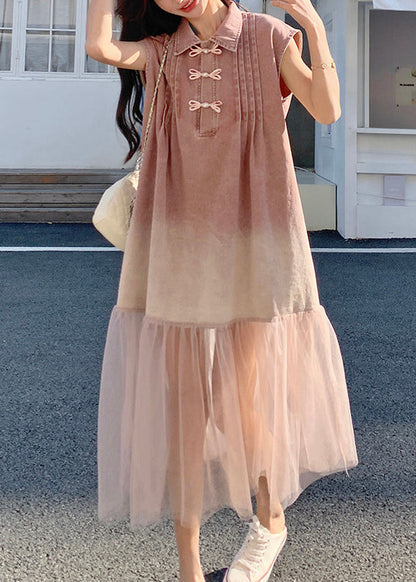 2025 Summer Retro Pink Gradient Tulle Splicing Denim Shirt Skirt Dress