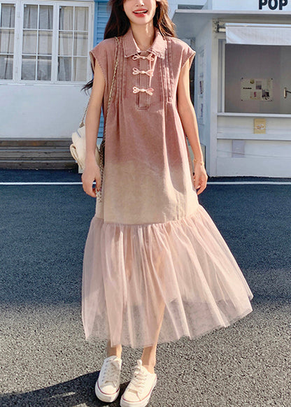 2025 Summer Retro Pink Gradient Tulle Splicing Denim Shirt Skirt Dress