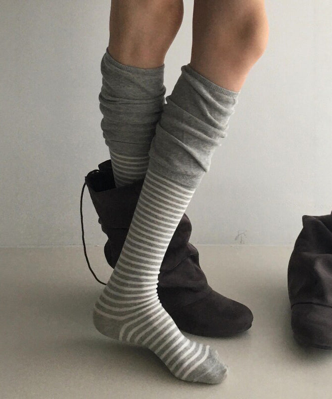 2026 Autumn Grey Spliced Striped Over The Calf Socks