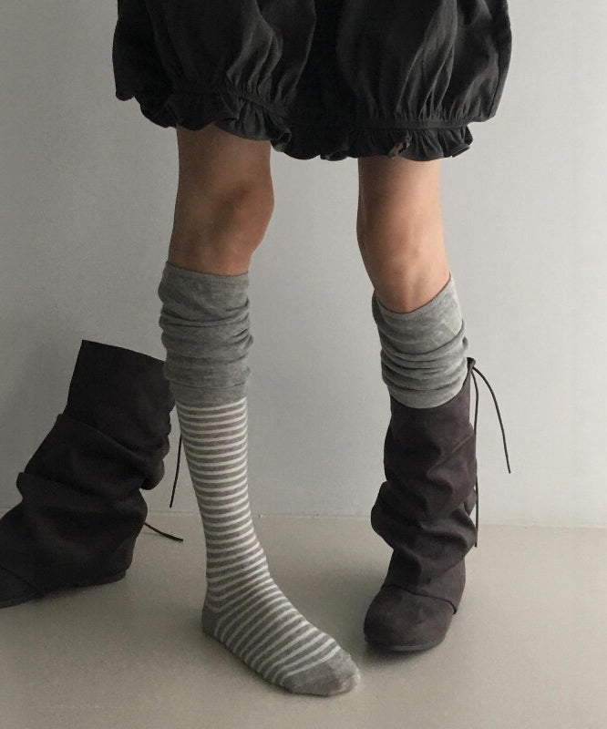 2026 Autumn Grey Spliced Striped Over The Calf Socks