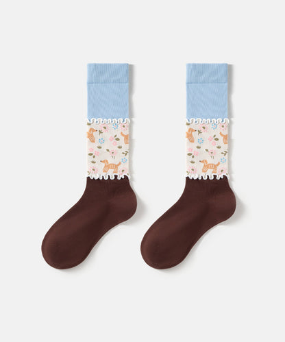2026 Autumn Mid Socks Splicing Cute Animal Patterns