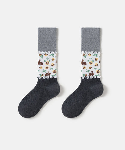 2026 Autumn Mid Socks Splicing Cute Animal Patterns