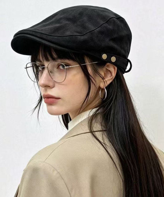 2026 Autumn Winter Simple Button Black Suede Breton Hat