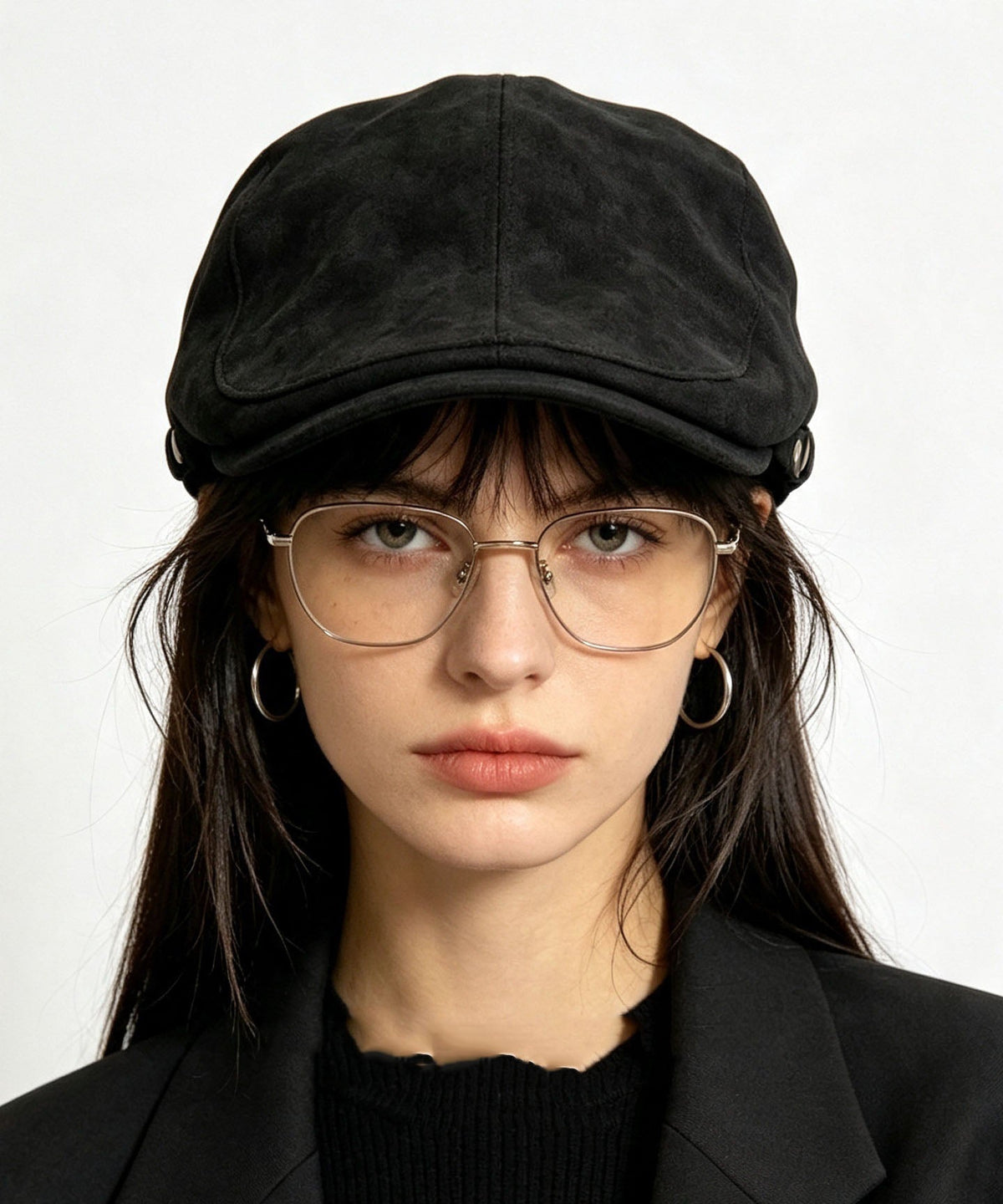 2026 Autumn Winter Simple Button Black Suede Breton Hat