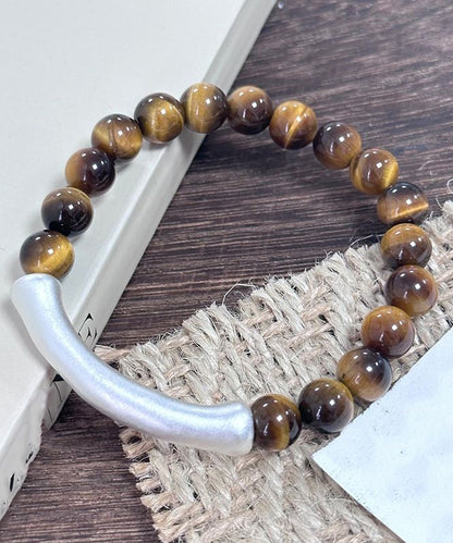 2026 Brown 999 Pure Silver Bend Pipe Patchwork Tiger's Eye Bracelet