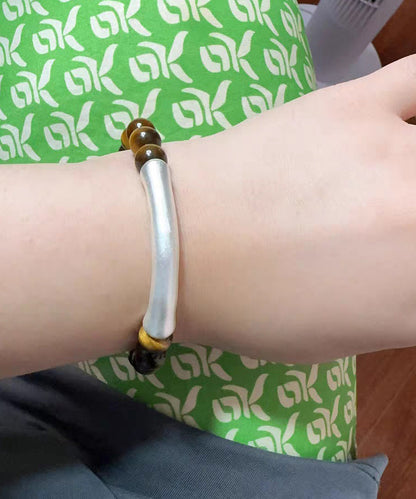 2026 Brown 999 Pure Silver Bend Pipe Patchwork Tiger's Eye Bracelet