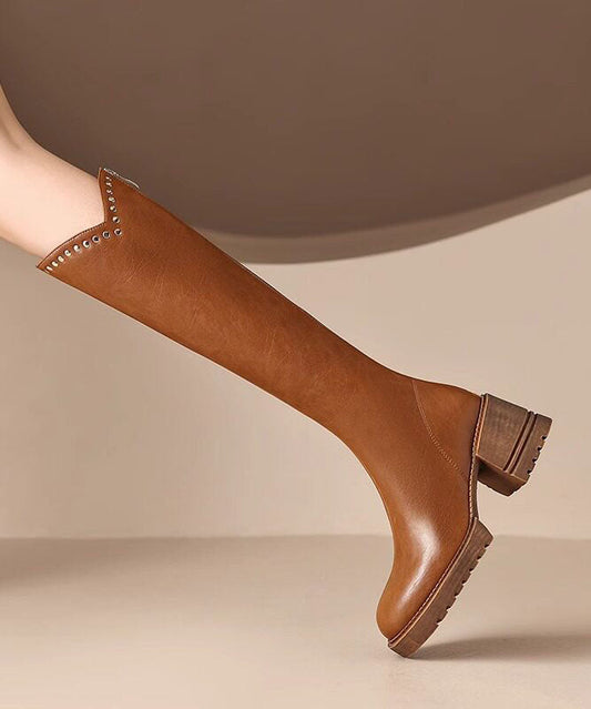 2026 Brown Knee Boots Faux Leather Rivet Combat