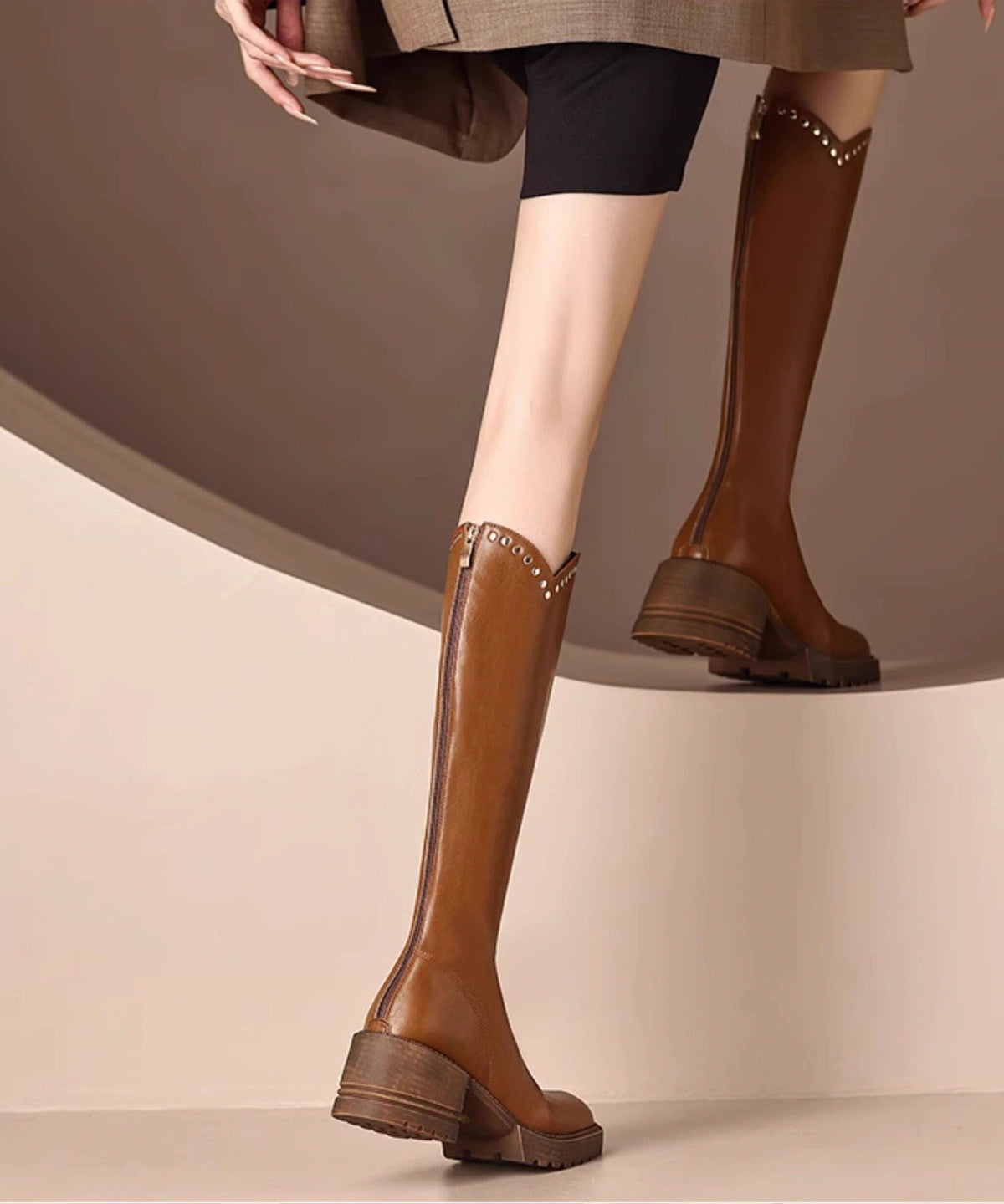 2026 Brown Knee Boots Faux Leather Rivet Combat