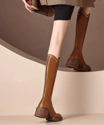 2026 Brown Knee Boots Faux Leather Rivet Combat