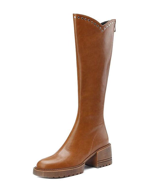 2026 Brown Knee Boots Faux Leather Rivet Combat