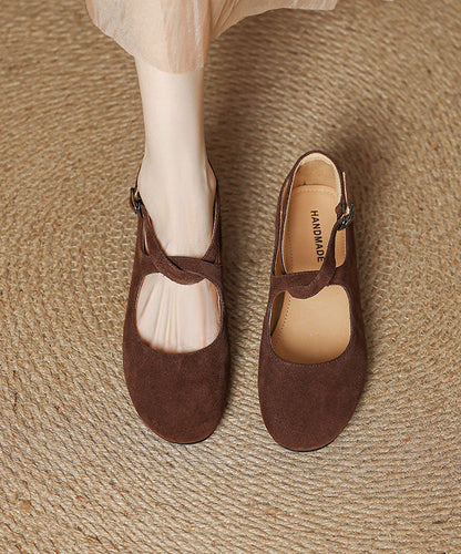 2026 Buckle Strap Flats Brown Cowhide Leather