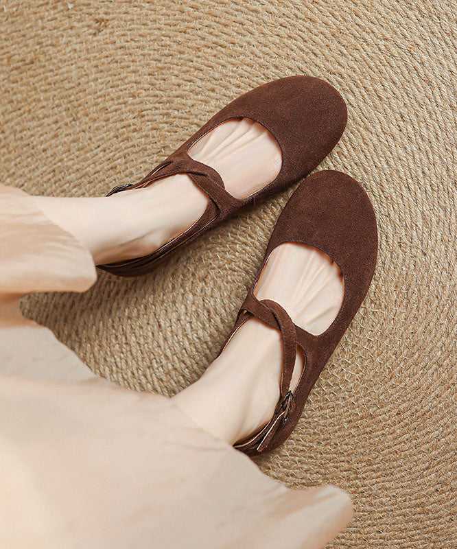 2026 Buckle Strap Flats Brown Cowhide Leather