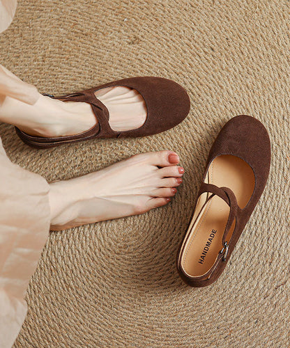 2026 Buckle Strap Flats Brown Cowhide Leather