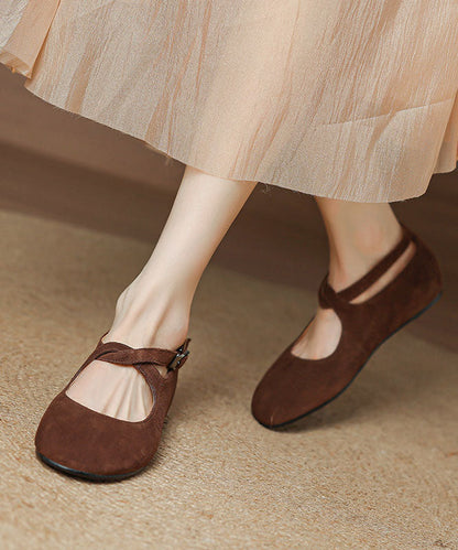 2026 Buckle Strap Flats Brown Cowhide Leather