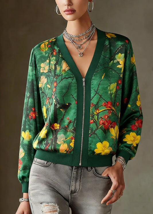 2026 Green O-Neck Print Zip Up Silk Coats Long Sleeve