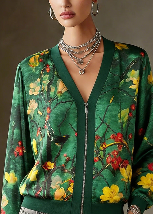 2026 Green O-Neck Print Zip Up Silk Coats Long Sleeve