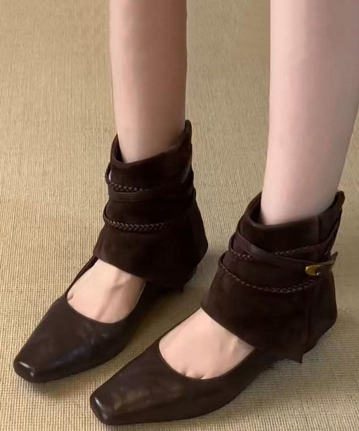 2026 Hollow Out Ankle Boots Chocolate Faux Leather