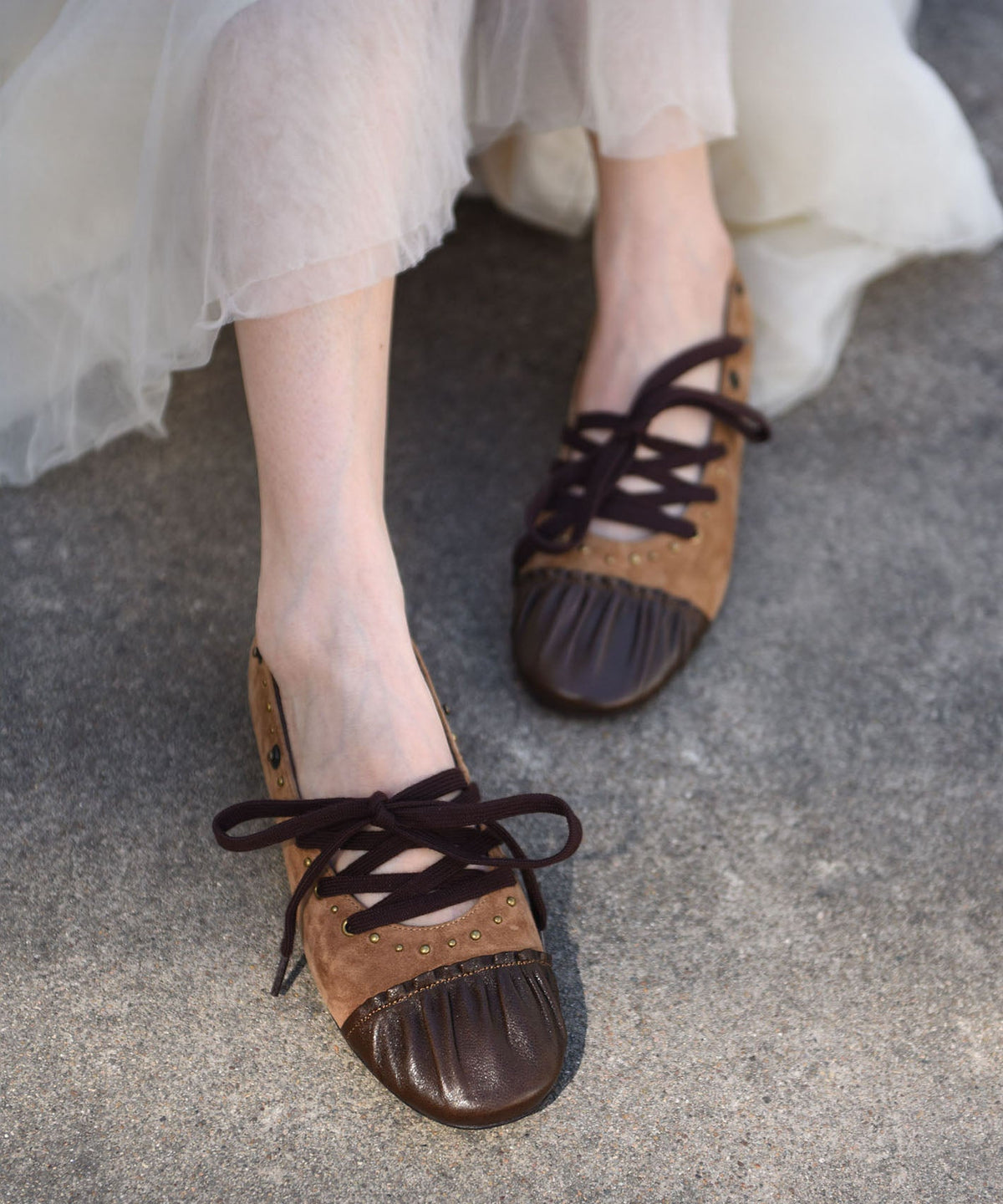 2026 Lace Up Splicing Flat Shoes For Women Coffee Suede