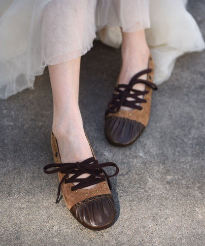 2026 Lace Up Splicing Flat Shoes For Women Coffee Suede