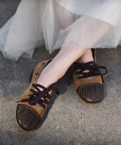 2026 Lace Up Splicing Flat Shoes For Women Coffee Suede