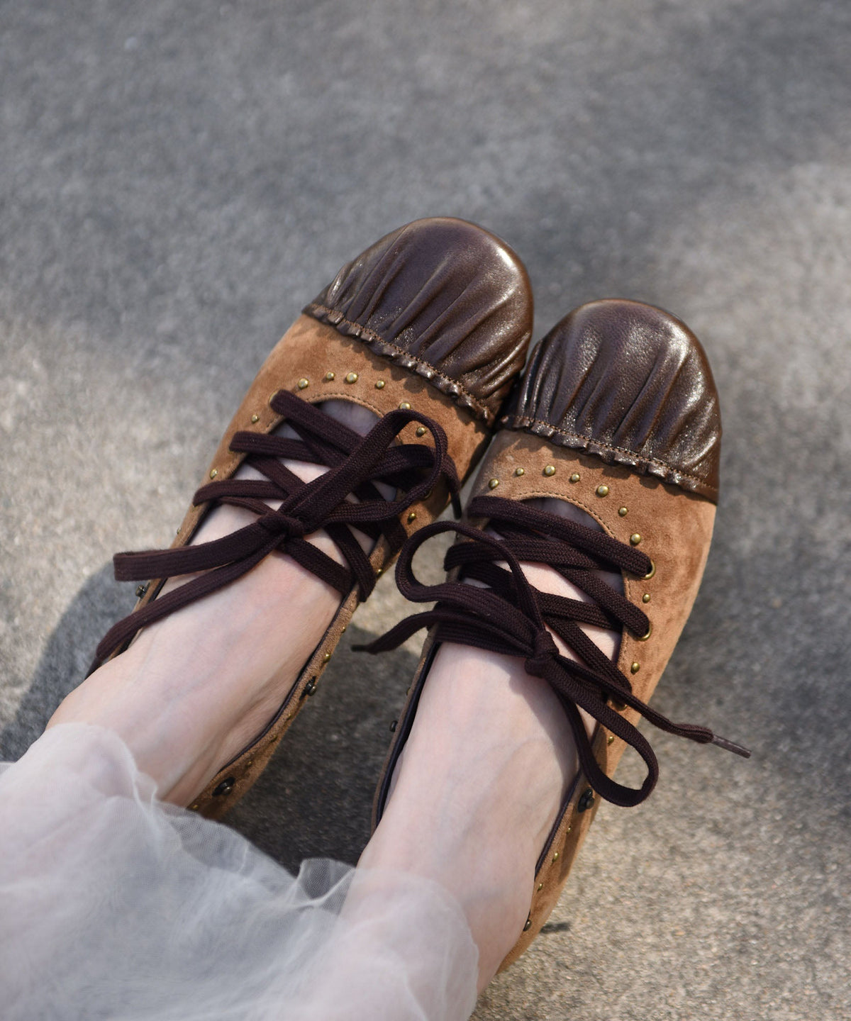 2026 Lace Up Splicing Flat Shoes For Women Coffee Suede