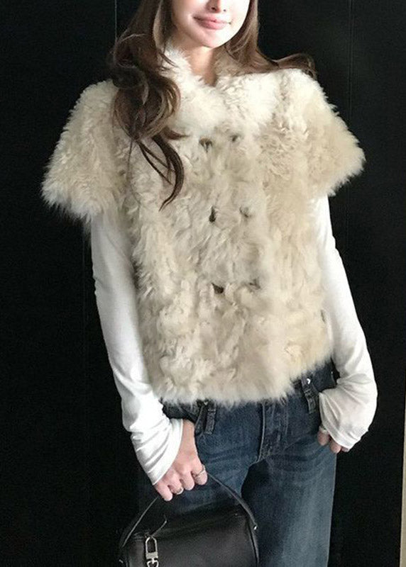 2026 New Beige Peter Pan Collar Button Faux Fur Waistcoat Short Sleeve