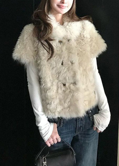 2026 New Beige Peter Pan Collar Button Faux Fur Waistcoat Short Sleeve