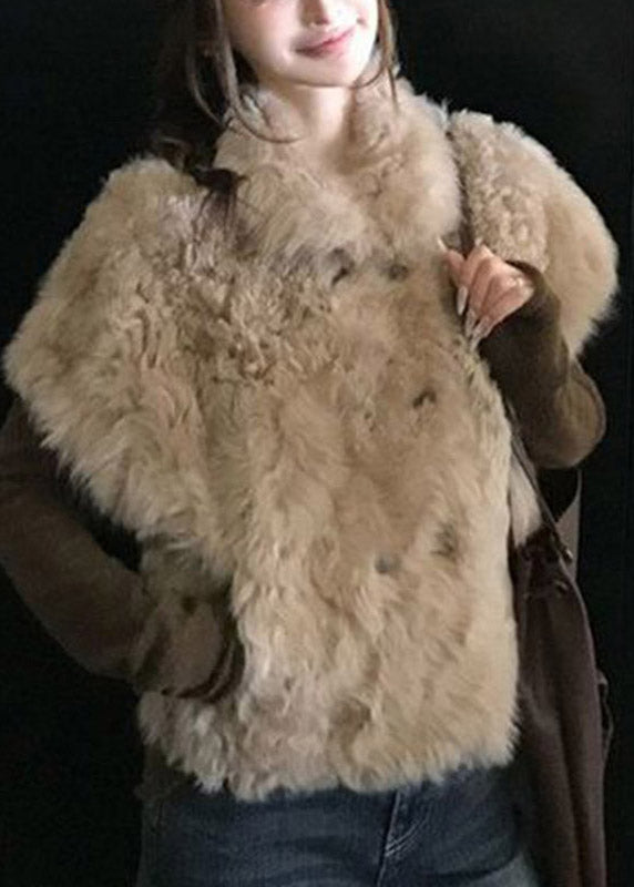 2026 New Beige Peter Pan Collar Button Faux Fur Waistcoat Short Sleeve