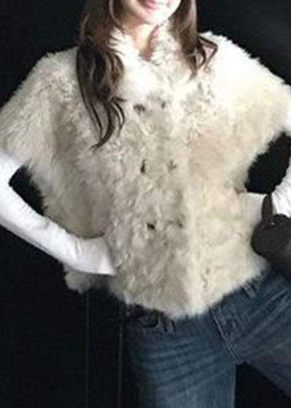 2026 New Beige Peter Pan Collar Button Faux Fur Waistcoat Short Sleeve