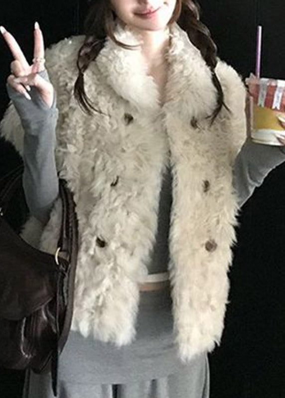 2026 New Beige Peter Pan Collar Button Faux Fur Waistcoat Short Sleeve
