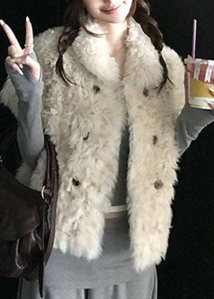 2026 New Beige Peter Pan Collar Button Faux Fur Waistcoat Short Sleeve