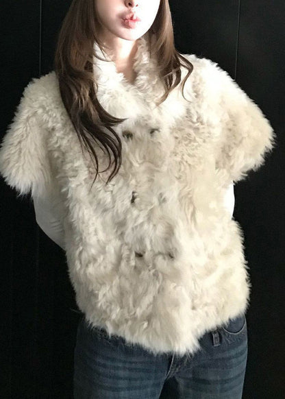 2026 New Beige Peter Pan Collar Button Faux Fur Waistcoat Short Sleeve