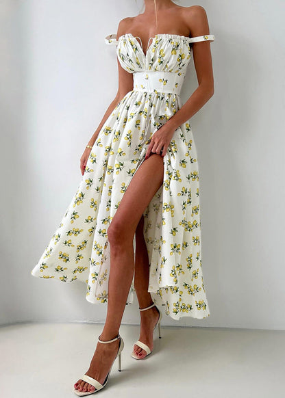 2026 New Beige Print Side Open Long Spaghetti Strap Dress Sleeveless