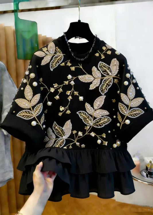 2026 New Black Nail Bead Patchwork T Shirt Short Sleeve