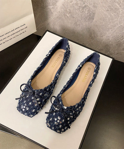2026 New Black Sequins Bow Soft Sole Square Toe Flat Shoes