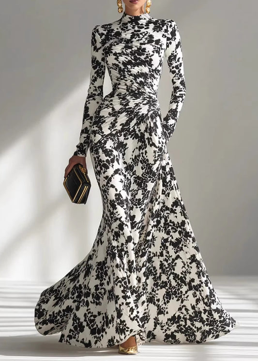 2026 New Black White Print Wrinkled Chiffon Robe Dresses Fall