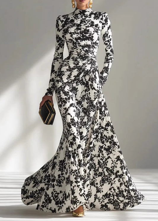 2026 New Black White Print Wrinkled Chiffon Robe Dresses Fall