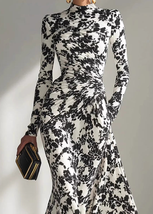 2026 New Black White Print Wrinkled Chiffon Robe Dresses Fall