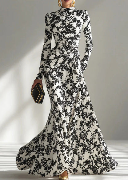 2026 New Black White Print Wrinkled Chiffon Robe Dresses Fall