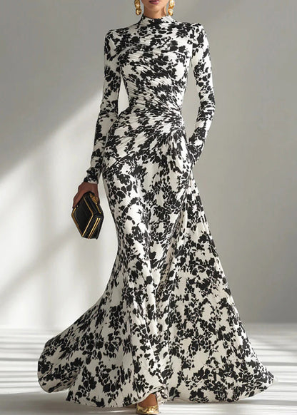 2026 New Black White Print Wrinkled Chiffon Robe Dresses Fall