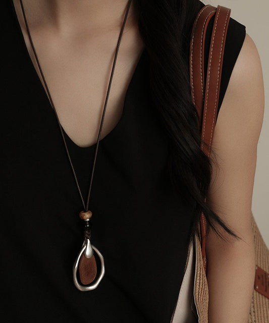 2026 New Black Wooden Copper Overgild Sweater Pendant Necklace