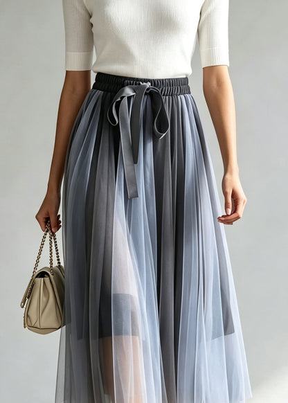 2026 New Blue Elastic Waist Patchwork Tulle Skirt Fall