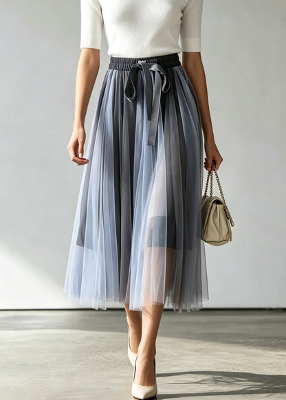 2026 New Blue Elastic Waist Patchwork Tulle Skirt Fall