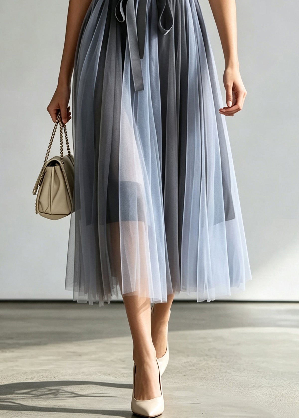 2026 New Blue Elastic Waist Patchwork Tulle Skirt Fall